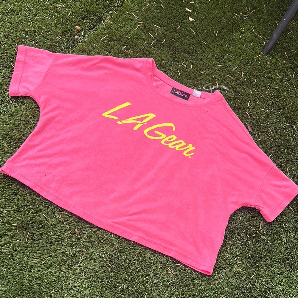 80s LA gear Sz Sm vintage neon bright Pink T-Shirt crop top neon yellow LAGEAR